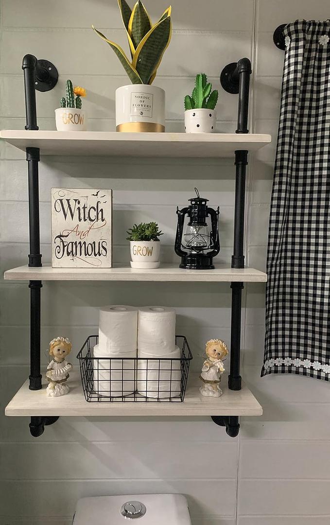 HDDFER White Floating Shelves 24 inch Pipe Wall Shelves Bathroom Shelves Over Toilet with Wood Planks Industrial Pipe Floating Shelves Farmhouse Bathroom Pipe Shelves Wall Mounted, 3Tier24in