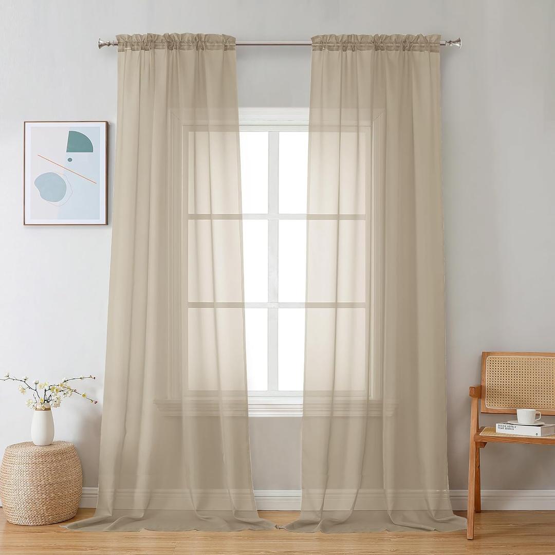 Chyhomenyc Sheer Taupe Curtains 90 inches Long 2 Panels, Light Filtering Soft Airy Solid Elegant Voile Window Treatment Drapes for Bedroom Living Room Wedding Party Decor, 42 Wx90 L Inches