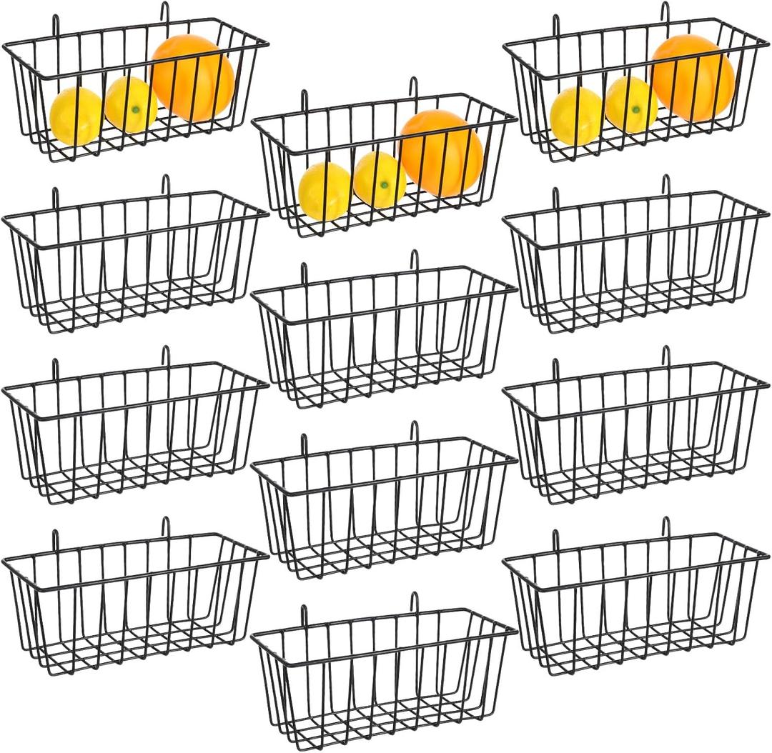 12 Pcs Wire Baskets, Wall Grid Panel Hanging Baskets for Storage and Display in Kitchen Bathroom Home Decor Supplies, No Drilling, Black
