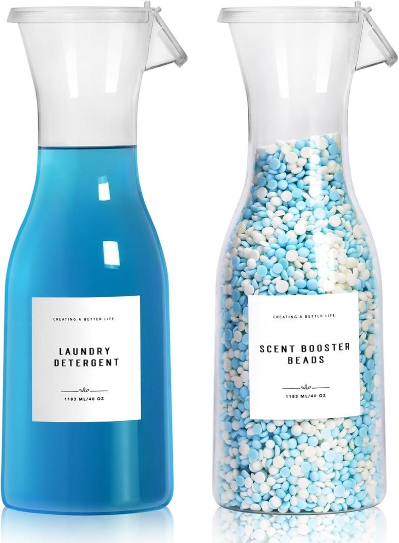 GIXSEGIE Laundry Detergent Dispenser Bottle 40oz with Waterproof Label for Laundry Detergent Soap Fabric Softener Bleach Scent Booster Beads, Sturdy PET Bottle for Laundry Room Decor 2 Pack White