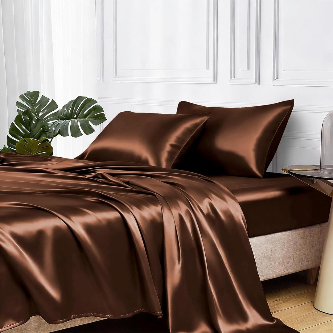 MR&HM Satin Bed Sheets, King Size Sheets Set, 4 Pcs Silky Bedding Set with 15 Inches Deep Pocket for Mattress (King, Brown)
