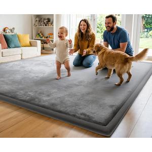 AEOCOO Baby Play Mat for Floor Cushion, 1.3" Thick Memory Foam Tummy Time Mat, Soft Velvet Non Slip, Toddlers Baby Kids Extra Large Nursery Rug for Crawling, Living Room, Tatami Style, Grey