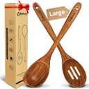 Large Wooden Spoons for Cooking, 2Pack Natural Teak Wood Cooking Spoon Set, Non-Stick Slotted and Corner Spoon, Heat-Resistant Wooden Spatula Spoon for Serving and Mixing