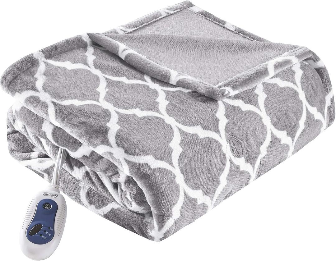 Beautyrest Ogee Printed Plush Electric Blanket for Cold Weather, Fast Heating, Auto Shut Off, Virtually Zero EMF, Multi Heat Setting, UL Certified, Machine Washable, Grey Oversized Throw 60x70