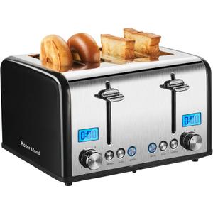 Roter Mond Countdown Stainless Steel 4 Slice Toaster with Bagel, Defrost, Cancel Function, Dual Toaster, Extra Wide Slots, 6 Shade Settings, Removable Crumb Trays, 1650W, Black