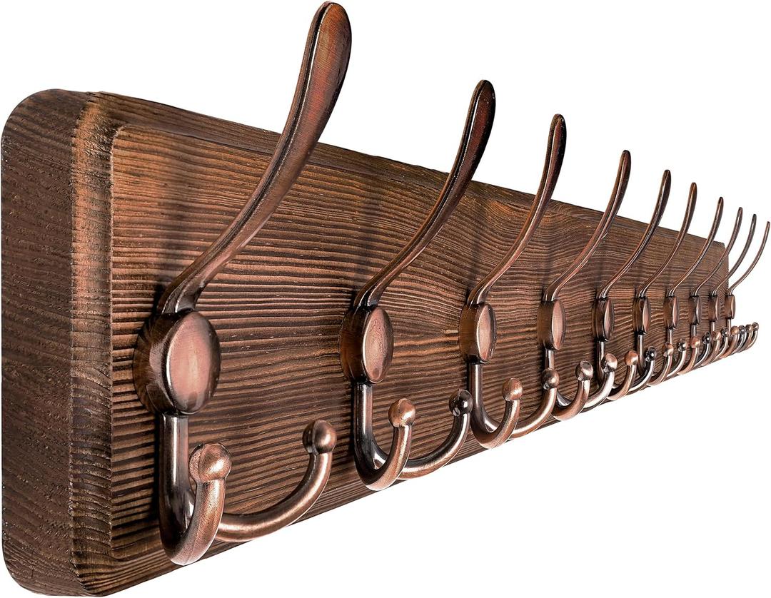 SKOLOO Coat Rack Wall Mounted - 38.6" Long, Wooden, Heavy Duty, Rustic Coat Hooks for Wall, Coat Rack with 10 Triple Hooks for Hanging Clothes, Jacket, Hat(Brown & Retro Red)