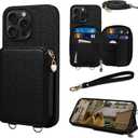 Keallce Case for iPhone 16 Pro 6.3'' Case Wallet, Crossbody Purse with RFID Blocking, Kickstand, Detachable Lanyard & Handstrap, Leather iPhone Cover, Black