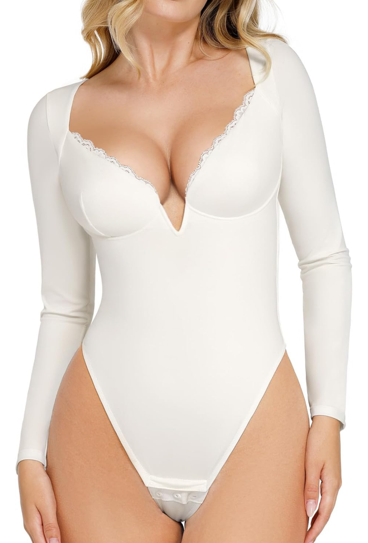 Popilush Lace Shapewear white Bodysuit Long Sleeve Body Suits Womens Tummy Control Corset Top Deep V Neck Trendy Going Out Tops, Size M