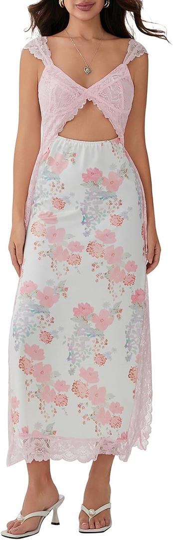 Women Sexy Lace Patchwork Mesh Dress Floral Print Cutout Sweetheart Neck Backless Slit Summer Maxi Dress (L)
