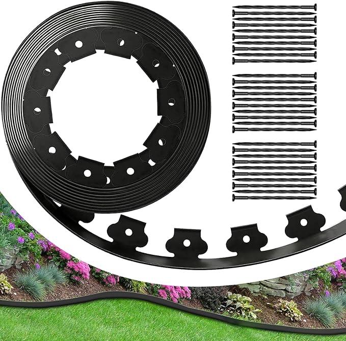 Landscape Garden Edging Kit with 60 Spikes, 4In Tall 66FT Garden Edging Border for Garden, Flower Beds, and Lawn Easy Cutting (Black, 66ft)