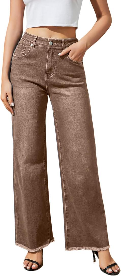 Women's Wide Leg Jeans High Waisted Strechy Jeans for Women Straight Raw Hem Loose Casual Denim (4, Brown)
