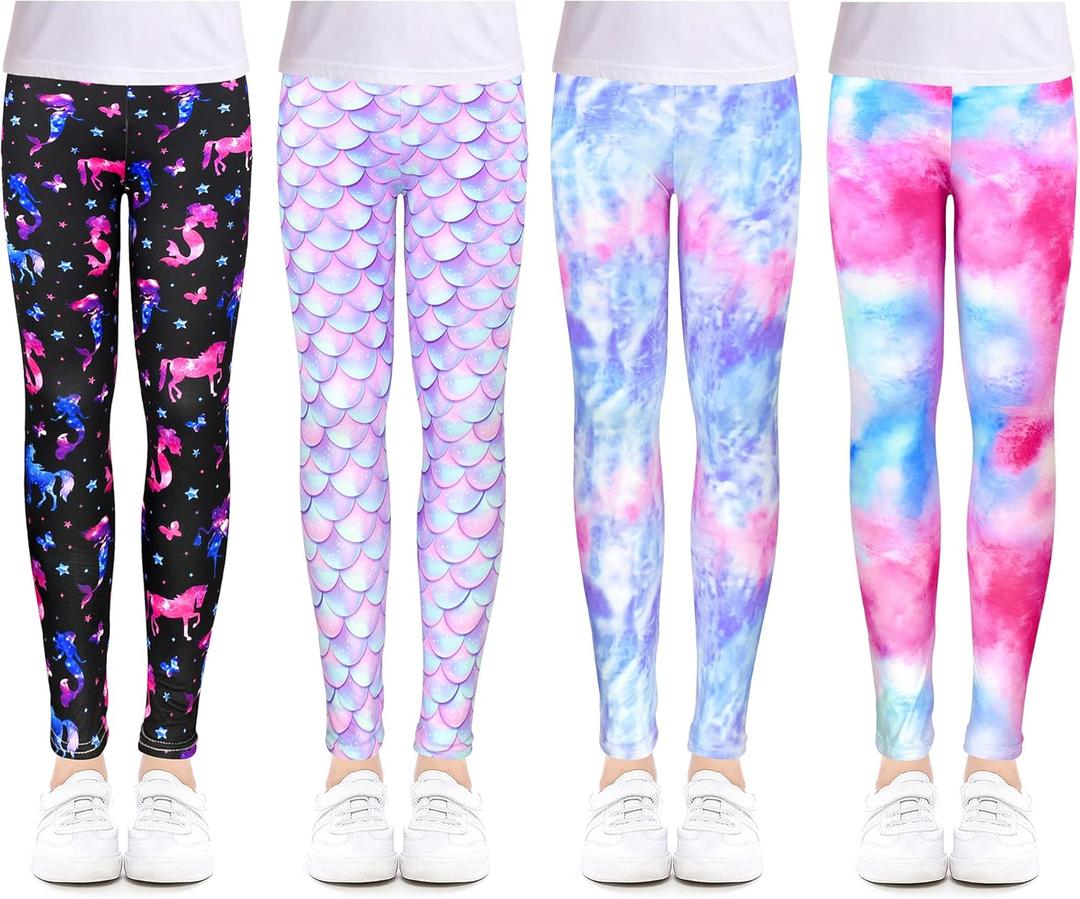 Slaixiu 4 Pack Leggings for Girls - Soft & Comfortable Ankle Length Printed Leggings for Kids (3T to 12 Years) (No.303)