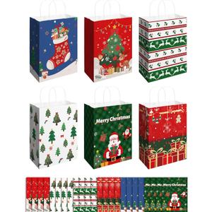 SUNEE Christmas Gift Bags, 24 Pack Christmas Bags for Gifts with Handles, 6 Assorted White Paper Gift Bags Bulk with Xmas Tree, Santa Claus, Snowflake Designs,7.28 * 3.15 * 8.7 Inches
