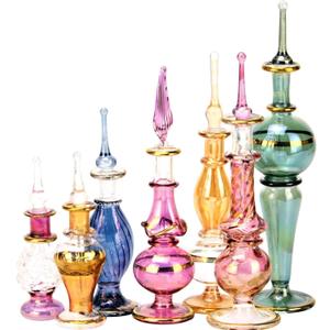NileCart Set of 12 Egyptian Perfume Bottles Wholesale Mix Collection hand Blown Decorative Bottles 2-5 in with handmade golden Egyptian decoration for Perfumes & Essential Oils.