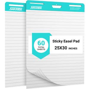 Lined Sticky Easel Pad, 25 in x 30 in,Flip Chart Paper,Sticky Chart Paper for Teachers, Large Self-Stick Easel Paper,Super Sticky & Bleed-Resistant,30 Sheets/Pad,2 Pads