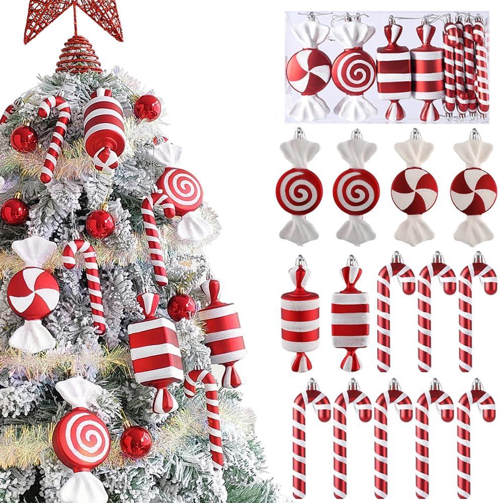 14Pcs Christmas Candy Cane Lollipop Ornaments for Christmas Tree Decorations, Red and White 6.5Inch Assorted Shapes Hanging Ornament with Ribbon for Xmas New Year Holiday Festival Home Party Decor