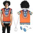60S-70S Hippie Costume Set, Includes Black Afro Wig, Peace Sign Necklace, Retro Sunglasses, And T-Shirt, Size M