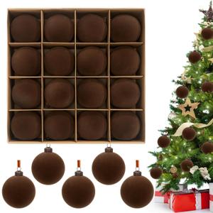 3.15" Brown Velvet Christmas Ball Ornaments Set, 16 pcs Flocked Brown Xmas Tree Decoration, Large Shatterproof Decorative Hanging Balls for Party Holiday Wreath Garland Home Décor