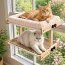 Teabelle Double Layer Cat Window Perch with 3 Interchangeable Mats, Bedside Sleeper, Adjustable Solid Wood Tree Cat Hammock for Small & Medium Breeds, Sturdy Window Bed(Plush, Sisal, Canvas)