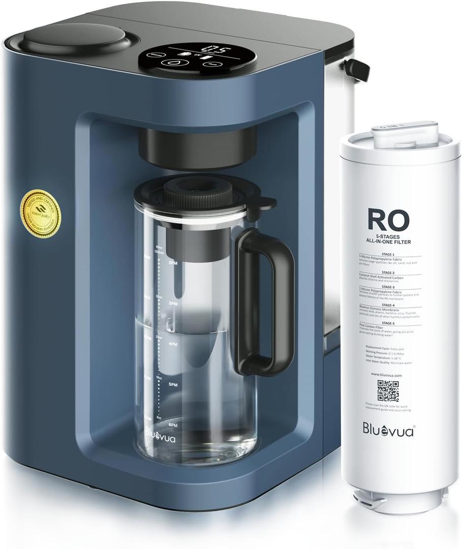 Bluevua RO100ROPOT-Lite(UV) Countertop Reverse Osmosis Water Filter System, 7-Stage Purification with UV and Remineralization, 3:1 Pure to Drain, Portable Water Purifier (Blue)