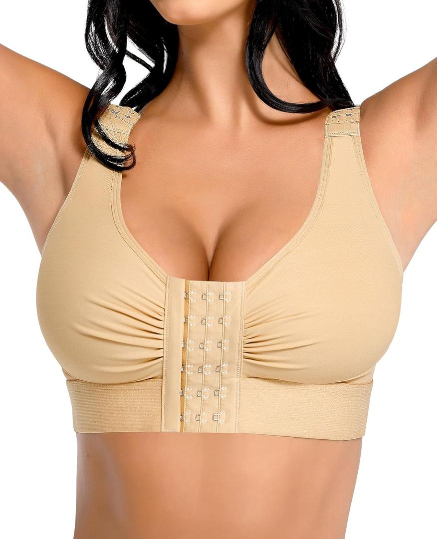 FeelinGirl Post Surgery Compression Bra for Women's Front Closure Bra with Adjustable Straps Wirefree (Large, Beige)
