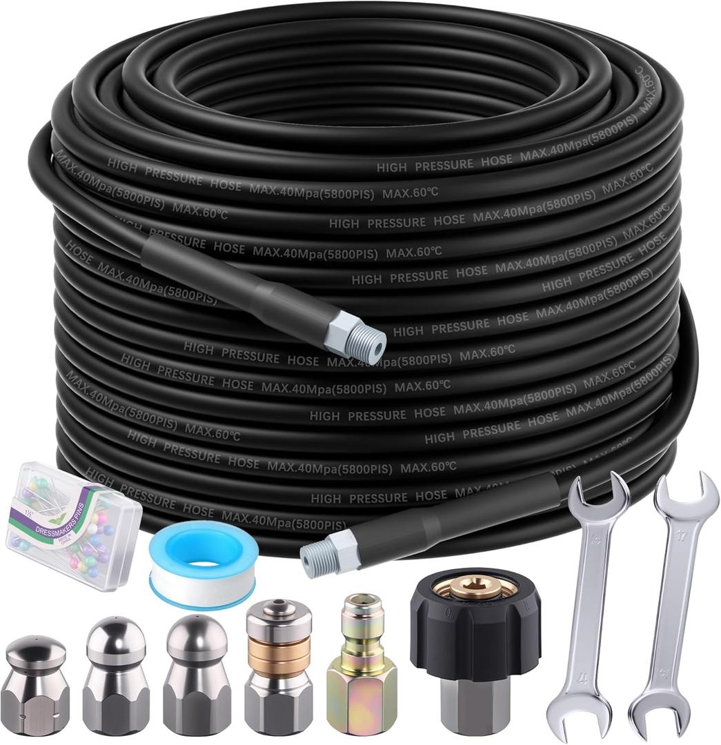 Sewer Jetter Kit 100FT for Pressure Washer 5800PSI Drain Cleaner Hose 1/4" NPT Corner Rotating and Button Hose Sewer Jetting Nozzle Waterproof Tape Pearl Corsage Pin with 2 Spanner