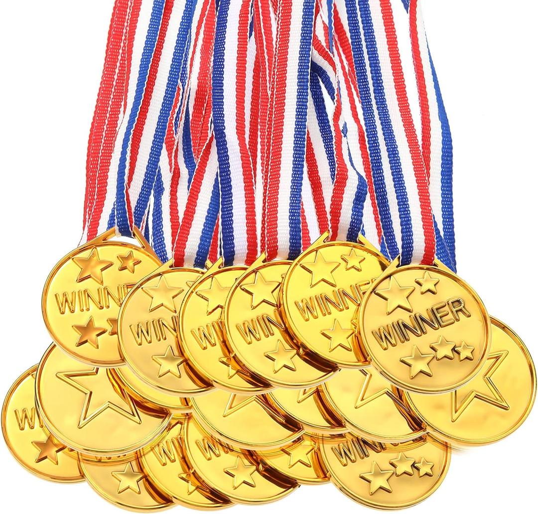 Gejoy 30 Pieces Gold Plastic Winner Award Medals, Gymnastics Field Day Awards for Sports, Competition, Talent Show, Spelling Bee Birthday Party Favors Gifts