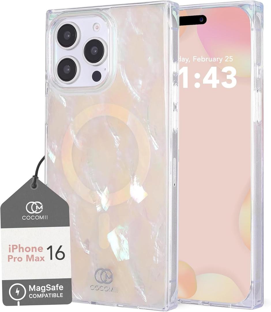 Cocomii - Rectangle Case Compatible with iPhone 16 Pro Max - Compatible with MagSafe, Real Mother of Pearl, Opalescent Seashell, Glossy, Magnetic Phone Case for iPhone 16 Pro Max 6.9 inch, Iridescent