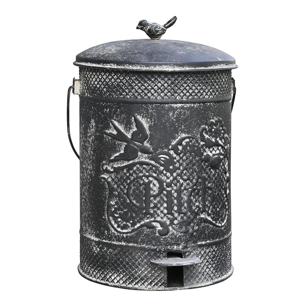 Farmhouse Garbage Can with Lid Indoor Outdoor Trash Can with Embossed Bird and Flowers PatternMetal Retro Kitchen Trash Can with Lid for Kitchen Room and Garden Decor (Black)