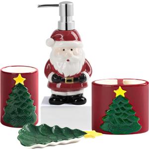 RQYIXI Merry Christmas Bathroom Accessories Set 4 Pieces Toothbrush Holder Soap Dispenser Ceramic Bathroom Accessory Set Contain Toothbrush Cup Soap Dish Tumbler