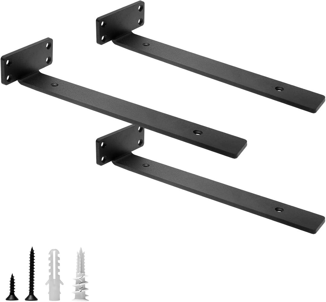 HITOMEN Heavy Duty Floating Shelf Brackets, 12-Inch (1/5'' Thick) Hidden Shelves Hardware, Iron L Brackets, Rustic Industrial Black Metal Wall Shelving Supports, 3 Pack