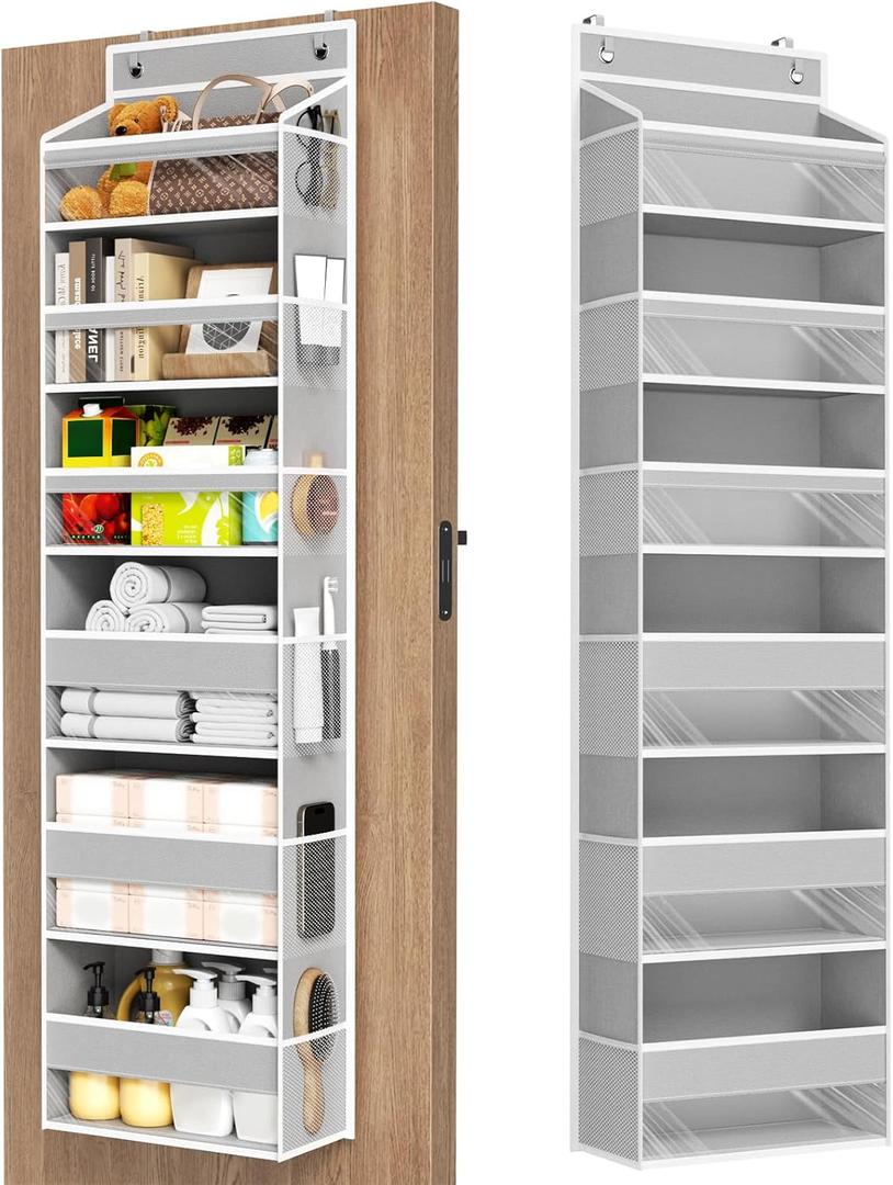 Over The Door Organizer, 6 Shelf Door Organizer Hanging with 6 Large Capacity Pockets, Over The Door Storage Hanging Shelves for Closet Wall Bathroom Closet Bedroom Nursery (Grey)