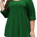 Beauhuty Plus Size Tops for Womens V Neck Tunic Pleated Front Trendy Shirts Casual Flowy Dressy Blouses Long Roll up Sleeves(02 Blue, 3XL)