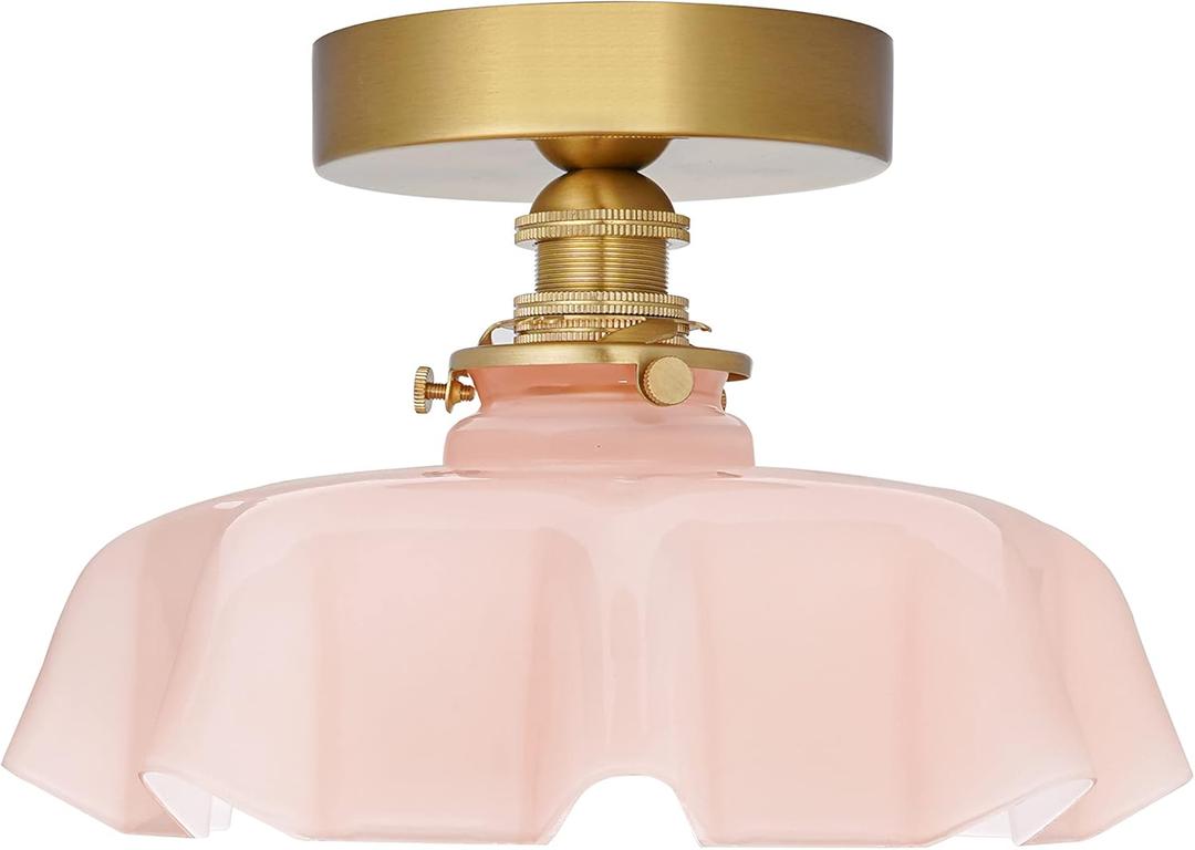 Vintage Pink Flush Mount Ceiling Light Fixture - Brass Semi Flush Mount Lighting with Flower Glass Shade for Closet, Small Rooms - Compact Indoor Light for Hallway Entryway Porch, Bulb Not Included