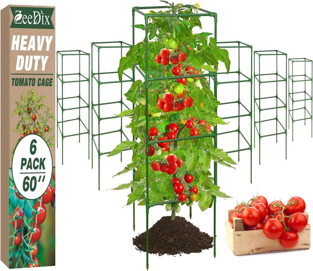 ZeeDix 6 Pack Heavy Duty Tomato Cages for Garden 60 Inches, Square Adjustable Tomato Trellis Cage Climbing Plant Support Trellis Plant Cages for Climbing Vegetables Flowers with 40Pcs Clips