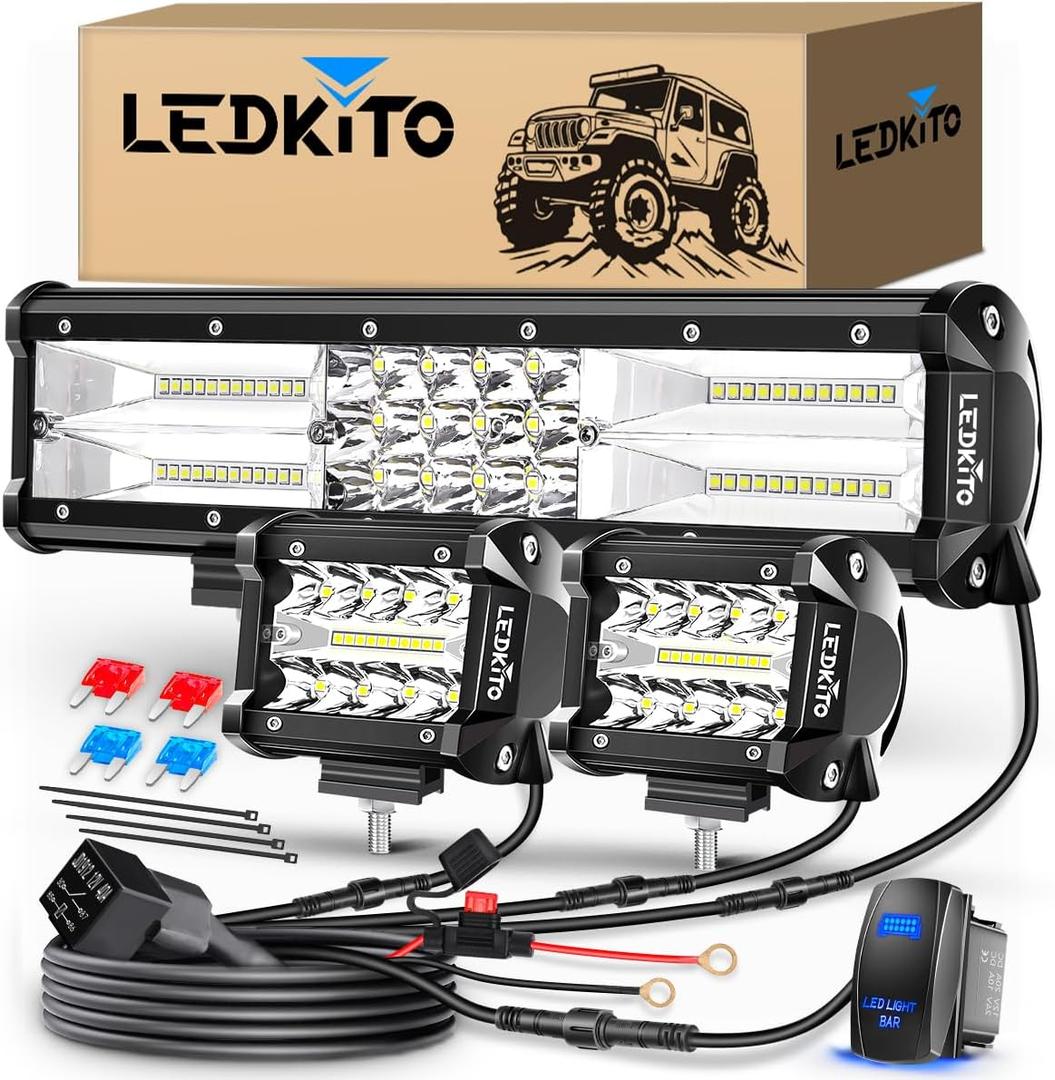 12 Inch LED Light Bar and 2PCS 4In LED Cube Pods Light Work Driving Lamp with Rocker Switch 3Lead Wiring Harness Kit Off Road Lights Spot Flood Combo Lights for ATV UTV SUV Truck Tractor Boat