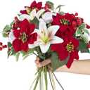 HUAESIN Poinsettias Artificial Christmas Flowers Cemetery Silk Christmas Floral Arrangements with Lily Rose Red Holly Berries Winter Flowers Christmas Picks for Xmas Home Vase Table Grave