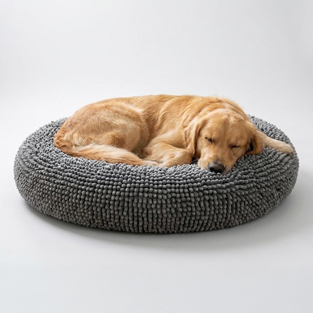 Muddy Mat Cloud K-9 Bed for Dogs & Cats, Soft & Relaxing Round Dog Bed, Chenille Material, Removable Cover, Washable & Dryer SafeGrey Large(40'x40')