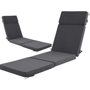 80 x 26 Inch Outdoor Chaise Lounge Cushions Set of 2 - Removable Cover, 4-Section Design, Water-Repellent & Fade-Resistant, 6 Tie Straps, Replacement for Patio & Pool Chairs - Dark Grey