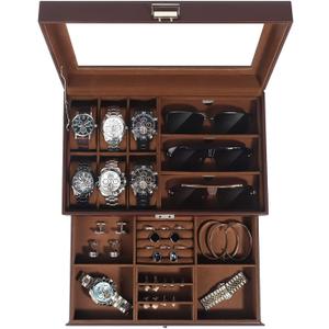 Jewelry Box for Men, 6 Slot Watch Box Jewelry Organizer With Drawer, Watch Case for Men with Large Window, 2-Layer Watch Holder, Sunglasses Storage Organizer, Velvet Lining, PU Leather, Gift Idea (Brown)
