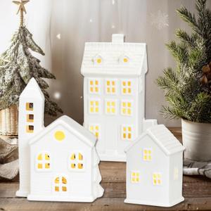 White Ceramic Christmas Village Houses,Christmas House Night Light,LED Light Up Christmas House,White Porcelain Village Town Houses with Built-in Led Lights,Christmas Town Scene Collection Buildings