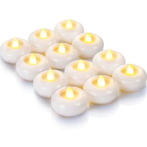 Homemory 2 Flameless Led Floating Candles, 200 Hour Plastic Battery Operated Flickering Waterproof Tealights for Cylinder Vases, Centerpieces at Wedding, Party, Pool, Holiday (12 Pack, White Base)
