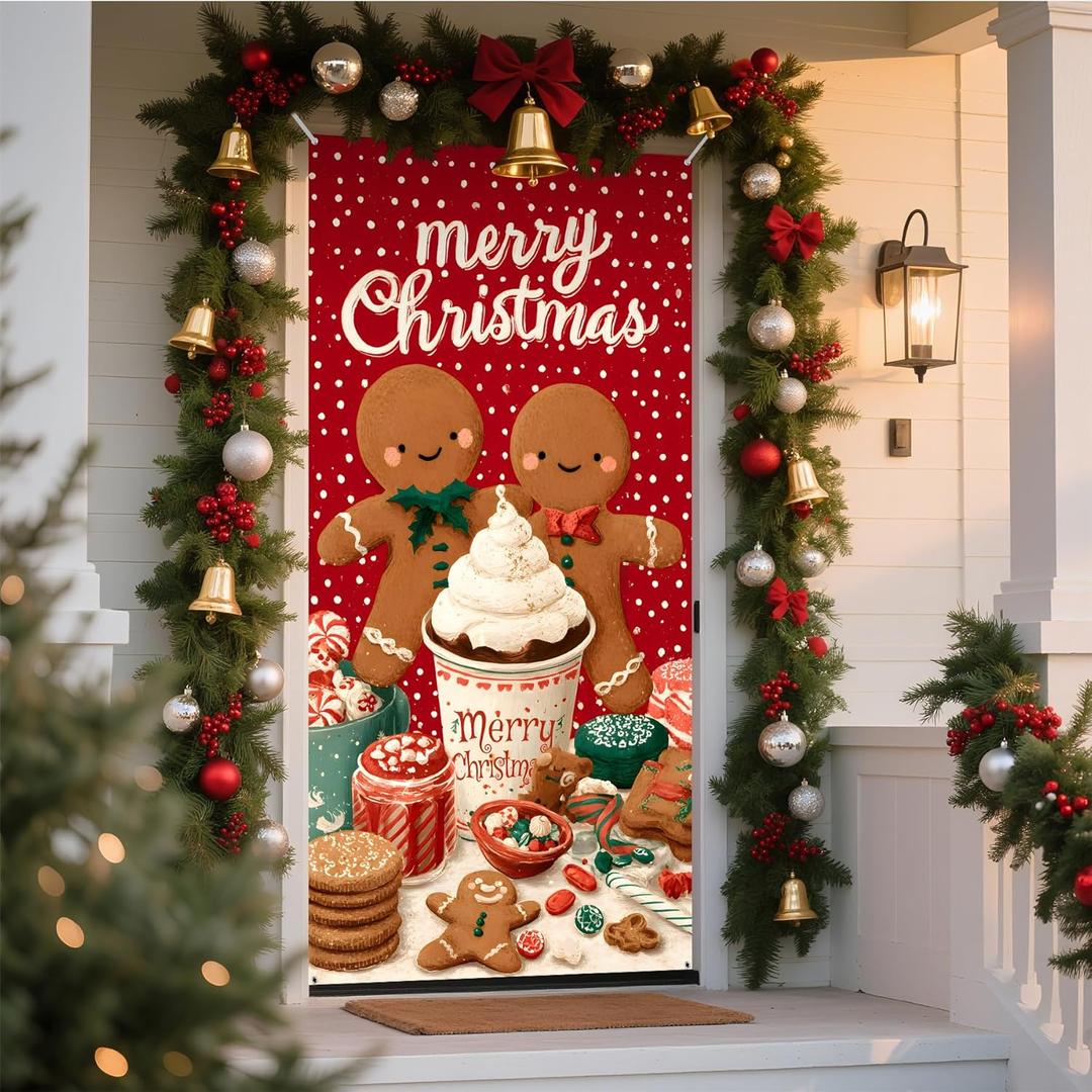 NYZE Christmas Door Cover Decoration Santa Claus Christmas Decoration Gingerbread Front Door Cover Xmas Banner for Home Holiday (Sweet Ginger Duo)