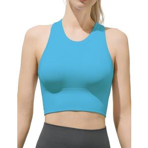SIXIM Women's Seamless Ribbed High Neck Sports Bra - Removable Padded Yoga Tank Tops Fitness Workout Running Crop Tops, M