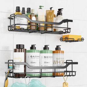OMAIRA 3-Pack Shower Caddy with Soap Holder, Adhesive Rustproof No-drill Strudy Loading Inside Shower Organizer Shelves Rack Storage Bathroom Organization for Smooth Wall Glass Tile (Large) (Deep Black- Large)