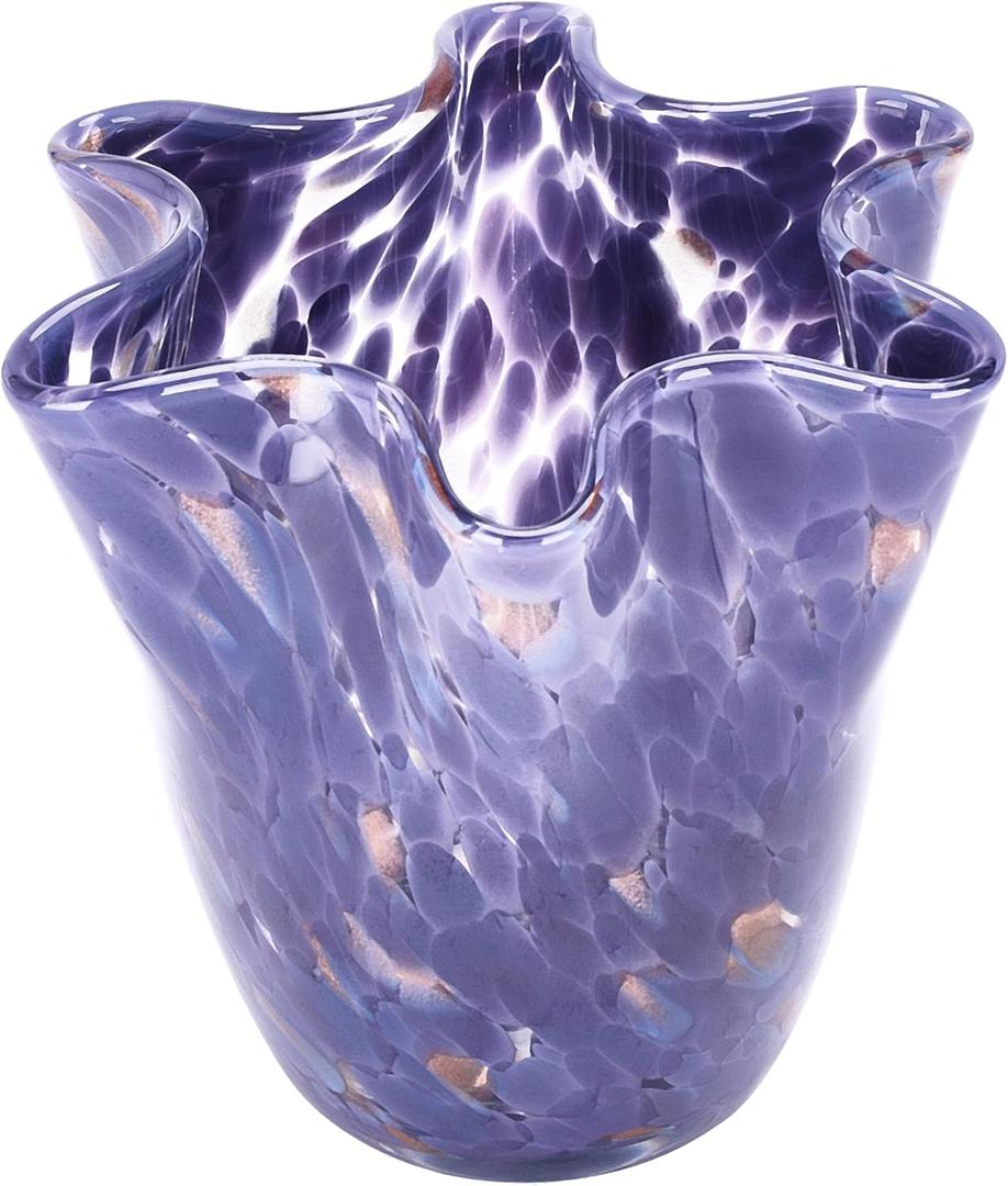 MEANT2TOBE Bud Vases - Hand Blown Glass Short Vase - 6.7x6.7x6.7-Inch Glass Vase with Irregular Neck Design Blown Glass Decor - Green Vase with Flat Bottom for Floral Arrangements (Purple)