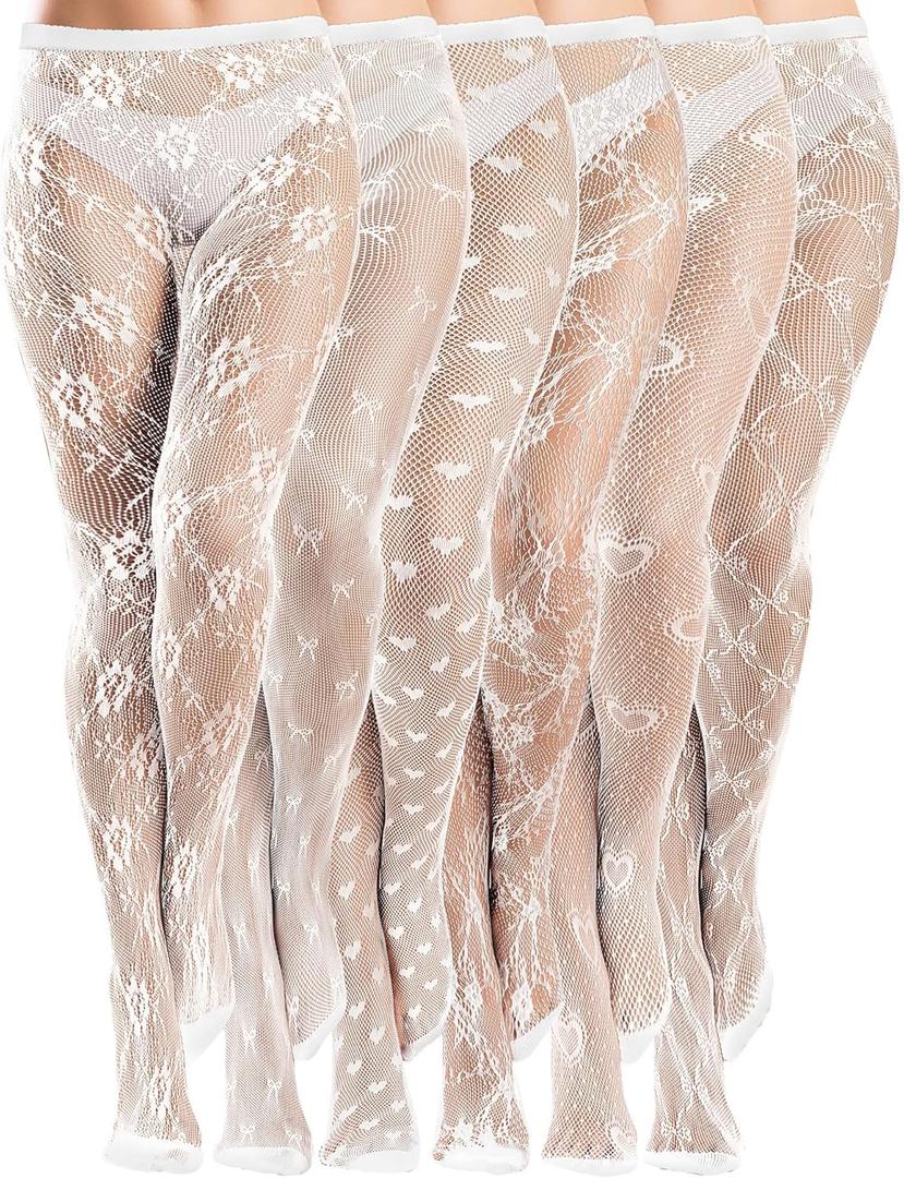 Ramede 6 Pairs Women Fishnet Thigh High Stockings Waist Tights Bow Patterned lace Fishnet Leggings Pantyhose for Halloween (XX-Large, White)