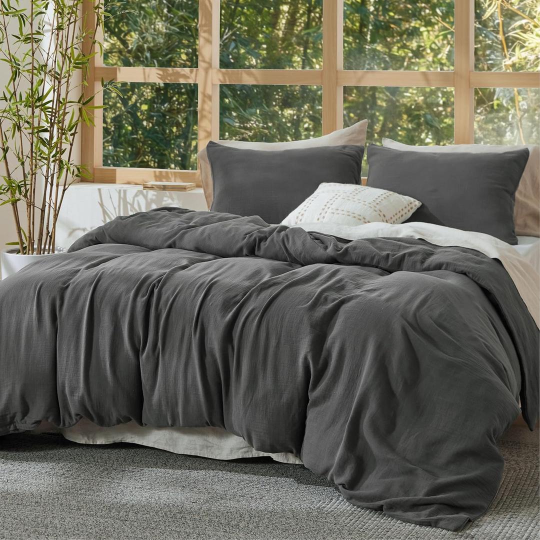 Bedsure Muslin Duvet Cover Queen Size - Cotton Blend Viscose Derived from Bamboo, Cooling Duvet Cover, PureWoven Ultra-Soft & Breathable Bedding Set for All Seasons (Dark Grey, 90"x90")