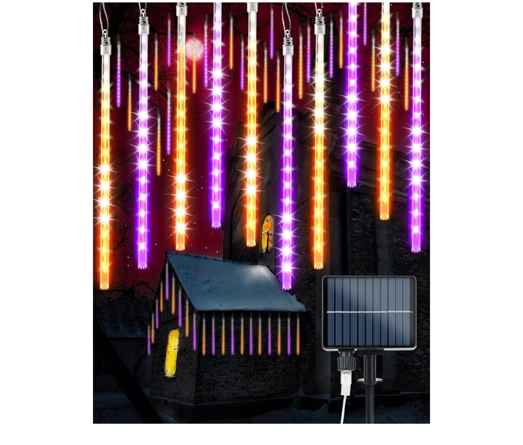 Solar Halloween Lights 20 Tubes 480 LED Meteor Shower Icicle Raindrop Lights with Timer Function Falling Rain Light for Holiday Party Halloween Decorations (Orange and Purple)