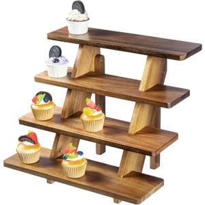 MyGift 4 Tier Premium Acacia Solid Wood Cupcake Display Stand, Rustic Burnt Wooden Step Tiered Tabletop Dessert Rack, Party Table Decoration or Retail Riser